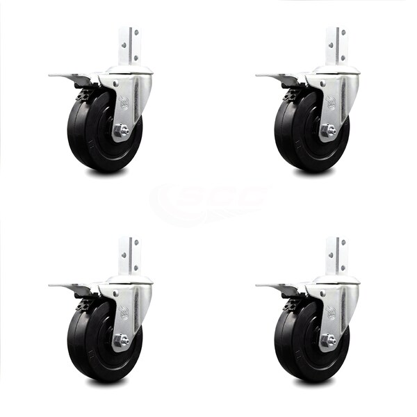 4 Inch Soft Rubber Wheel Swivel 3/4 Inch Square Stem Caster Set Total Lock Brake